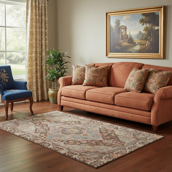 HomeRoots 5' X 8' Chocolate & Blue Oriental Washable Area Rug - Stylish, Durable, UV Protected & Stain Resistant 700519