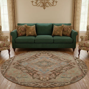 HomeRoots 8' Chocolate and Blue Oriental Round Rug - Washable, UV-Protected, Durable for Homes with Kids & Pets 700520