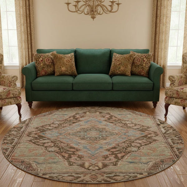 HomeRoots 8' Chocolate and Blue Oriental Round Rug - Washable, UV-Protected, Durable for Homes with Kids & Pets 700520