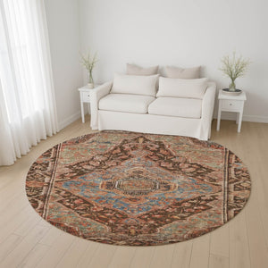 HomeRoots 8' Chocolate and Blue Oriental Round Rug - Washable, UV-Protected, Durable for Homes with Kids & Pets 700520