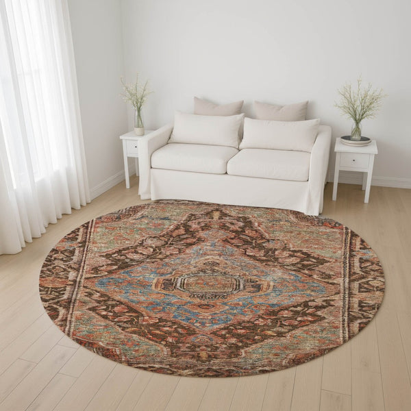 HomeRoots 8' Chocolate and Blue Oriental Round Rug - Washable, UV-Protected, Durable for Homes with Kids & Pets 700520