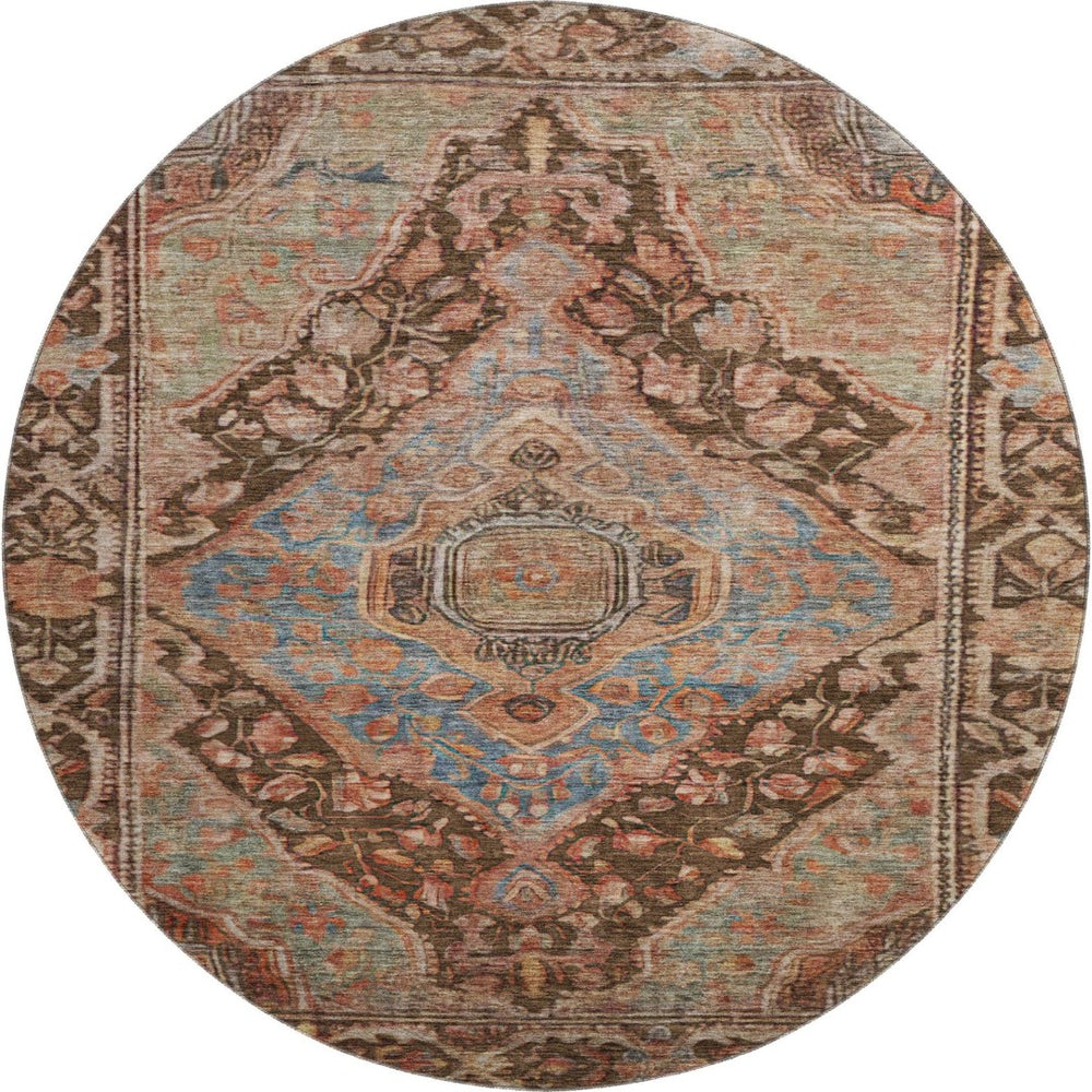 HomeRoots 8' Chocolate and Blue Oriental Round Rug - Washable, UV-Protected, Durable for Homes with Kids & Pets 700520