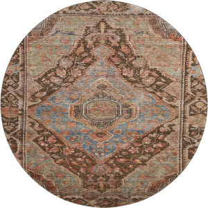 HomeRoots 8' Chocolate and Blue Oriental Round Rug - Washable, UV-Protected, Durable for Homes with Kids & Pets 700520