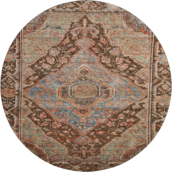 HomeRoots 8' Chocolate and Blue Oriental Round Rug - Washable, UV-Protected, Durable for Homes with Kids & Pets 700520