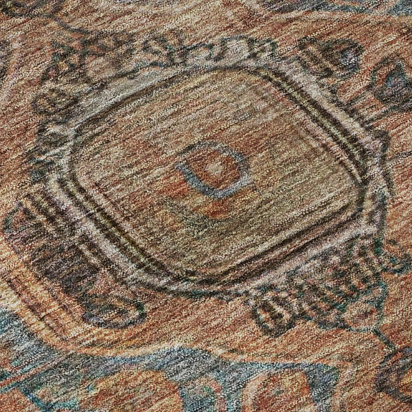 HomeRoots 8' Chocolate and Blue Oriental Round Rug - Washable, UV-Protected, Durable for Homes with Kids & Pets 700520