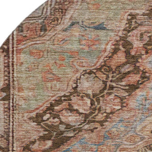 HomeRoots 8' Chocolate and Blue Oriental Round Rug - Washable, UV-Protected, Durable for Homes with Kids & Pets 700520