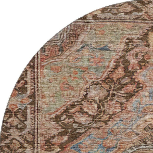 HomeRoots 8' Chocolate and Blue Oriental Round Rug - Washable, UV-Protected, Durable for Homes with Kids & Pets 700520