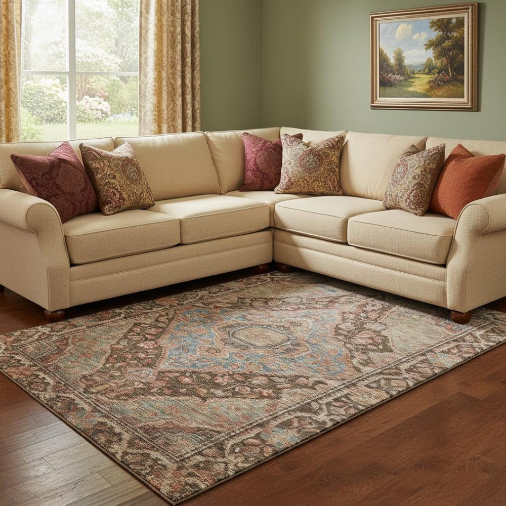 HomeRoots 8' X 10' Chocolate and Blue Oriental Area Rug - Washable, UV Protected, Stain Resistant for Easy Care 700521