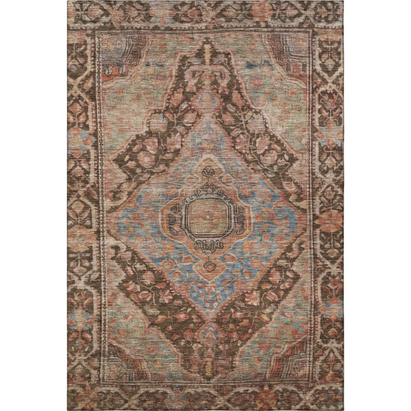 HomeRoots 8' X 10' Chocolate and Blue Oriental Area Rug - Washable, UV Protected, Stain Resistant for Easy Care 700521