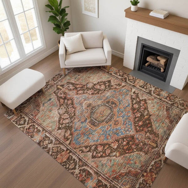 HomeRoots 10' X 14' Washable Chocolate & Blue Oriental Area Rug with UV Protection – Perfect for Busy Homes! 700523