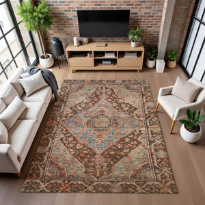 HomeRoots 10' X 14' Washable Chocolate & Blue Oriental Area Rug with UV Protection – Perfect for Busy Homes! 700523