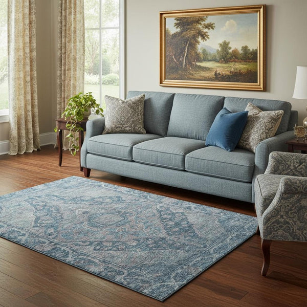 HomeRoots 5' X 8' Denim Blue and Gray Washable Area Rug with UV Protection - Stylish, Durable, Kid-Friendly Design! 700525