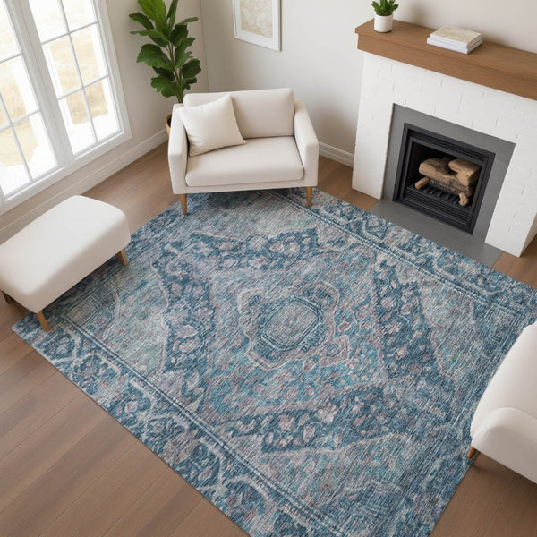 HomeRoots 5' X 8' Denim Blue and Gray Washable Area Rug with UV Protection - Stylish, Durable, Kid-Friendly Design! 700525