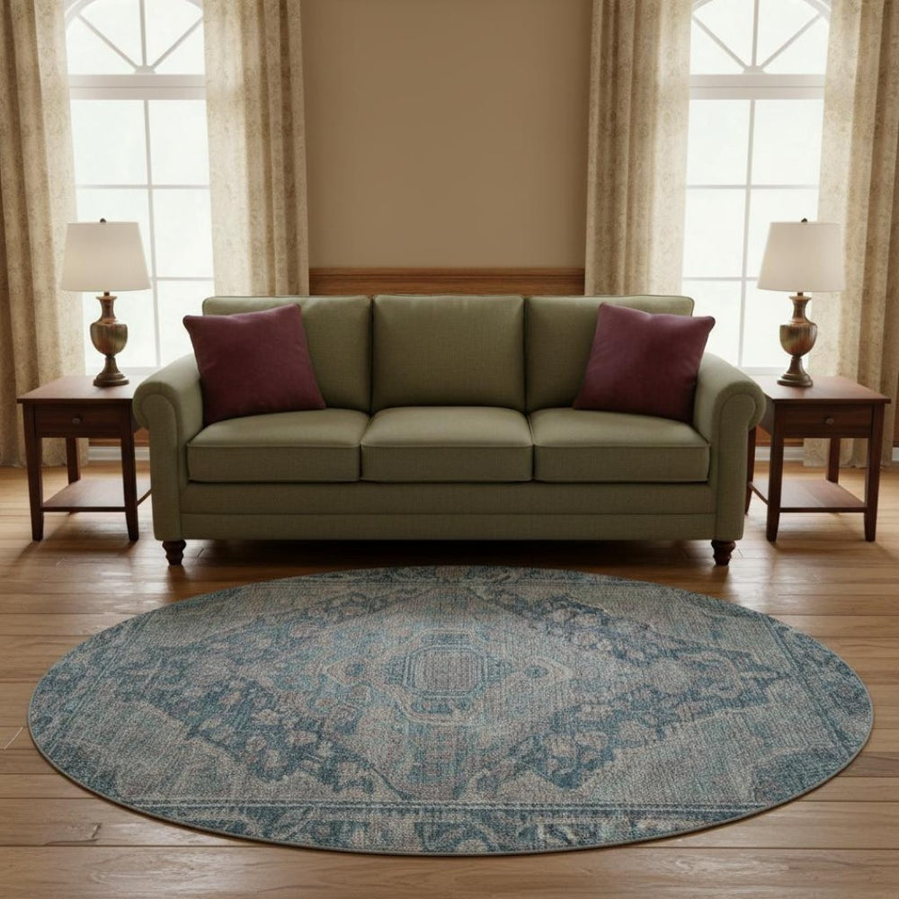 HomeRoots 8' Denim Blue & Gray Oriental Round Rug – Washable, Stain-Resistant, UV Protected for High Traffic Spaces 700526