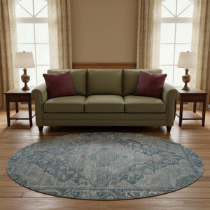 HomeRoots 8' Denim Blue & Gray Oriental Round Rug – Washable, Stain-Resistant, UV Protected for High Traffic Spaces 700526