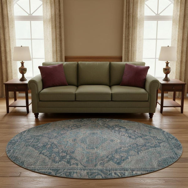 HomeRoots 8' Denim Blue & Gray Oriental Round Rug – Washable, Stain-Resistant, UV Protected for High Traffic Spaces 700526