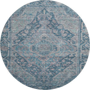 HomeRoots 8' Denim Blue & Gray Oriental Round Rug – Washable, Stain-Resistant, UV Protected for High Traffic Spaces 700526