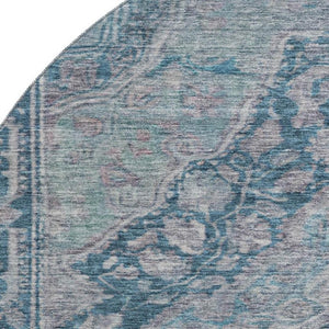 HomeRoots 8' Denim Blue & Gray Oriental Round Rug – Washable, Stain-Resistant, UV Protected for High Traffic Spaces 700526