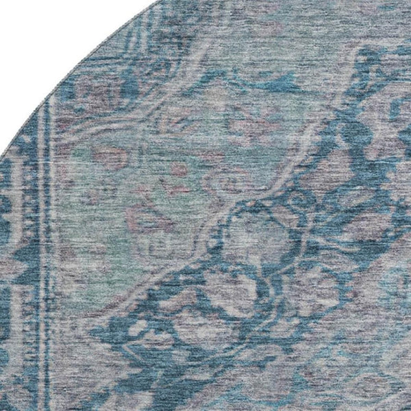 HomeRoots 8' Denim Blue & Gray Oriental Round Rug – Washable, Stain-Resistant, UV Protected for High Traffic Spaces 700526