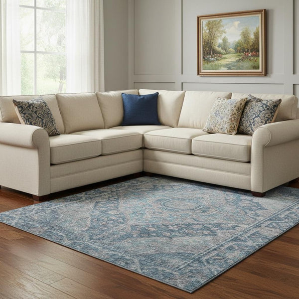 HomeRoots 8' X 10' Denim Blue & Gray Oriental Area Rug - Washable, UV Protected, Stain-Resistant & Durable Design 700527