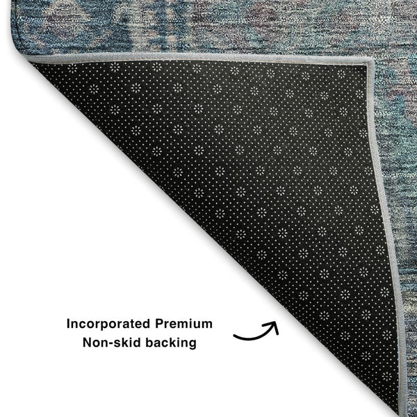 HomeRoots 8' X 10' Denim Blue & Gray Oriental Area Rug - Washable, UV Protected, Stain-Resistant & Durable Design 700527