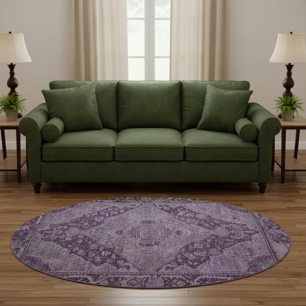 HomeRoots 8' Stylish Eggplant and Gray Washable Round Rug with UV Protection - Perfect for Family Homes! 700532