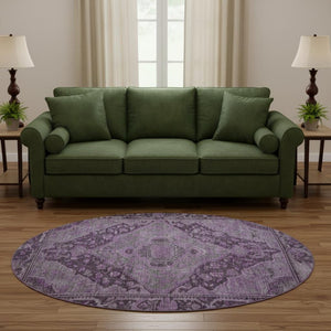 HomeRoots 8' Stylish Eggplant and Gray Washable Round Rug with UV Protection - Perfect for Family Homes! 700532