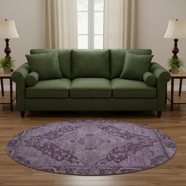 HomeRoots 8' Stylish Eggplant and Gray Washable Round Rug with UV Protection - Perfect for Family Homes! 700532