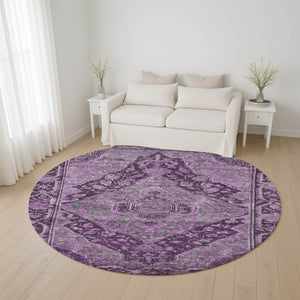 HomeRoots 8' Stylish Eggplant and Gray Washable Round Rug with UV Protection - Perfect for Family Homes! 700532
