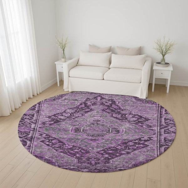 HomeRoots 8' Stylish Eggplant and Gray Washable Round Rug with UV Protection - Perfect for Family Homes! 700532
