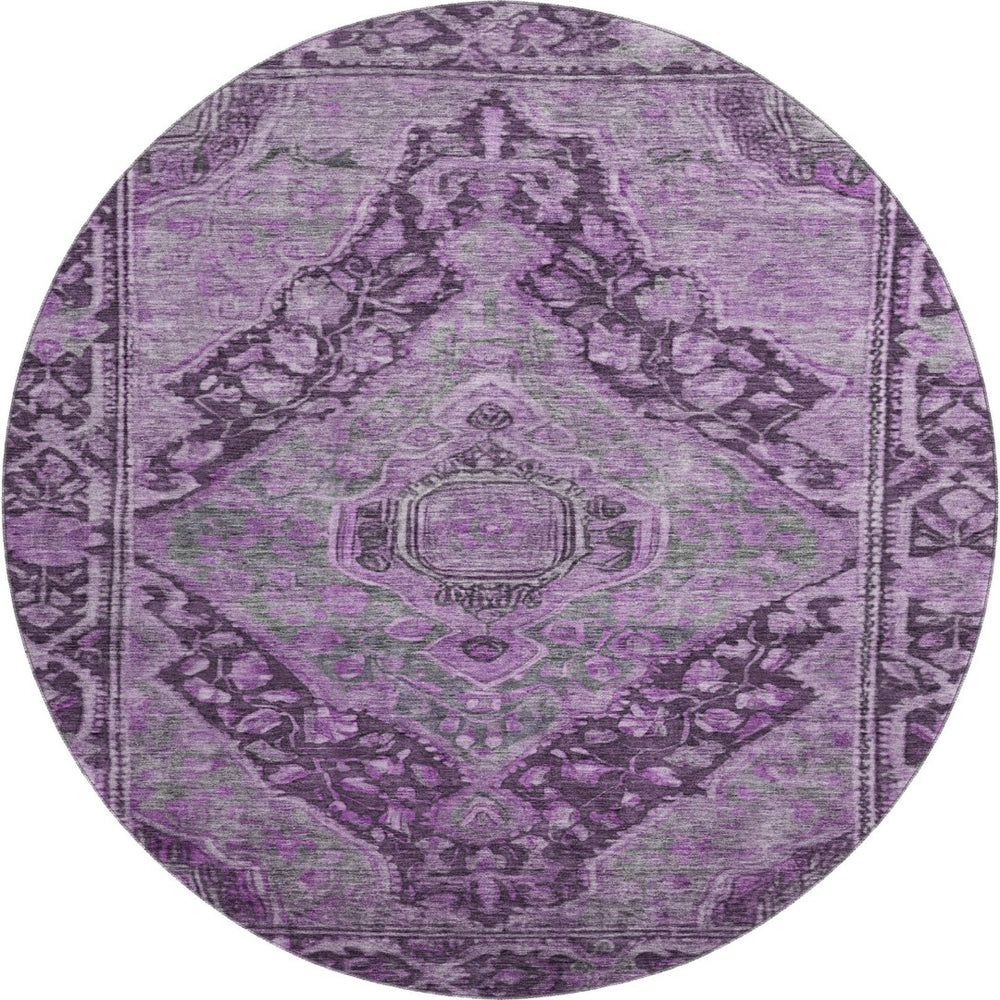 HomeRoots 8' Stylish Eggplant and Gray Washable Round Rug with UV Protection - Perfect for Family Homes! 700532