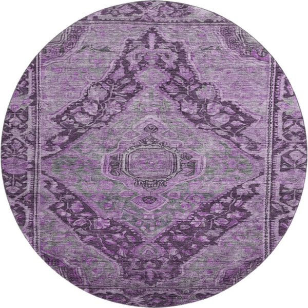 HomeRoots 8' Stylish Eggplant and Gray Washable Round Rug with UV Protection - Perfect for Family Homes! 700532