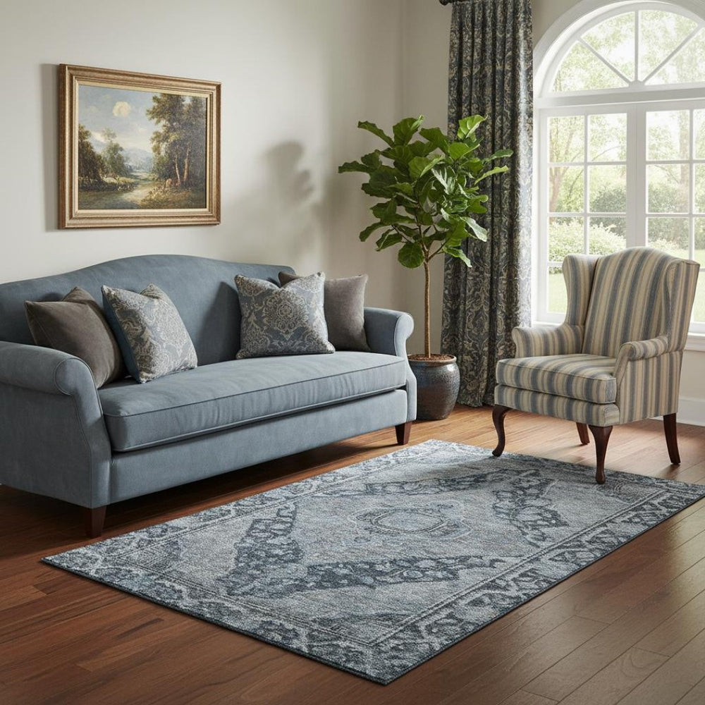 HomeRoots 5' X 8' Navy Blue & Gray Oriental Area Rug - Washable, Stain Resistant, UV Protected for Durability 700537