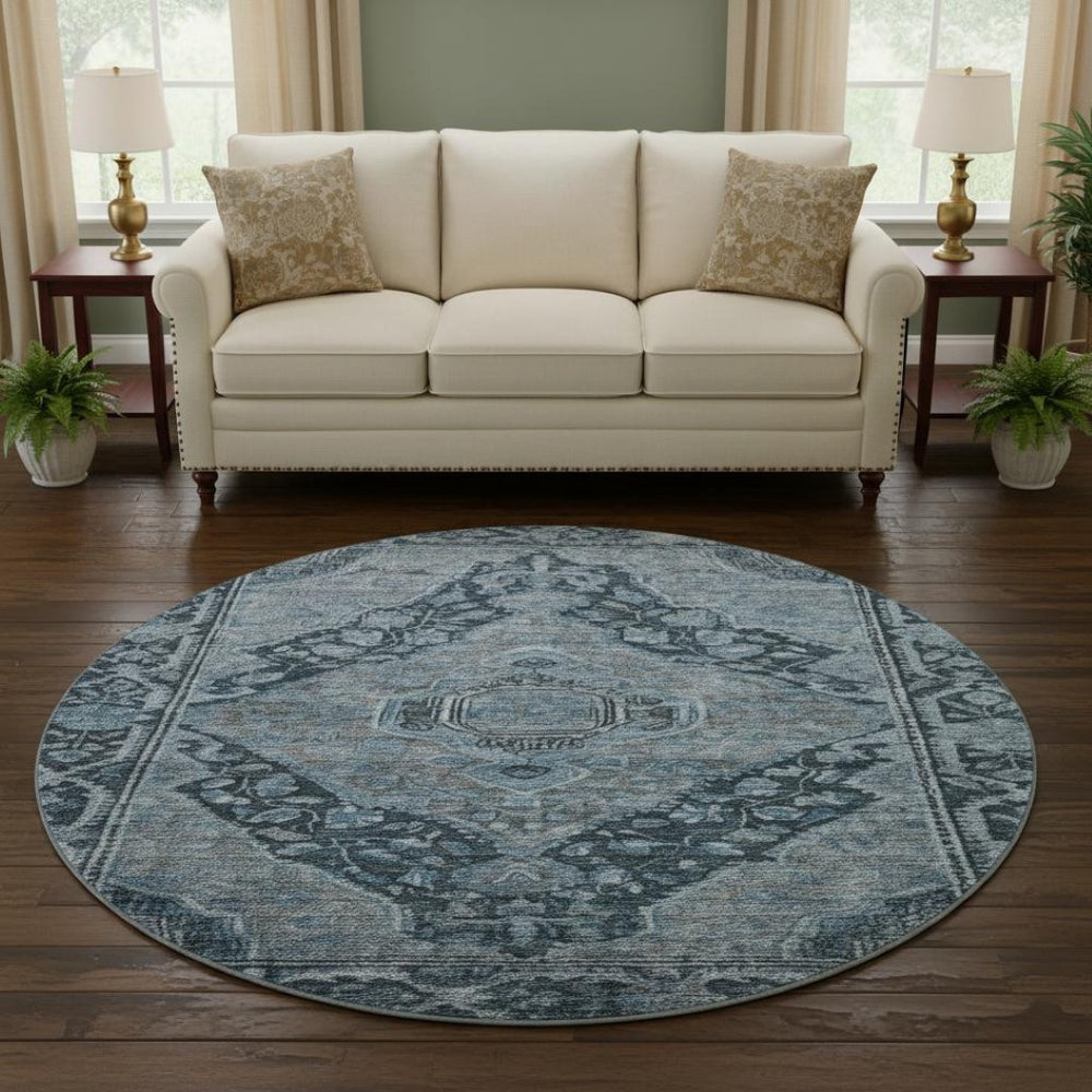 HomeRoots 8' Navy Blue and Gray Oriental Round Rug - Washable, UV Protected, Stain Resistant for Busy Homes! 700538