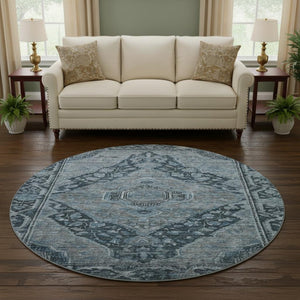 HomeRoots 8' Navy Blue and Gray Oriental Round Rug - Washable, UV Protected, Stain Resistant for Busy Homes! 700538
