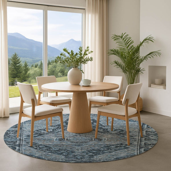 HomeRoots 8' Navy Blue and Gray Oriental Round Rug - Washable, UV Protected, Stain Resistant for Busy Homes! 700538
