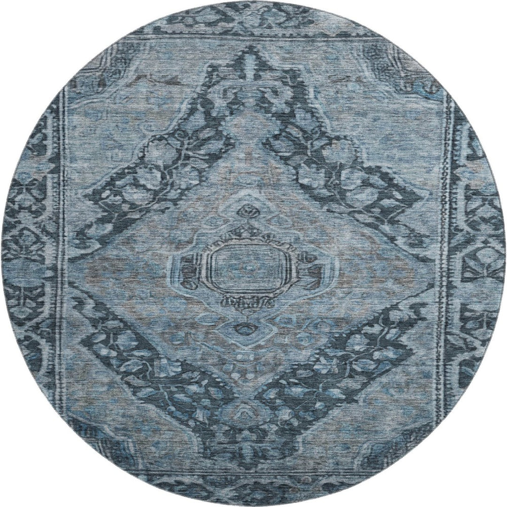 HomeRoots 8' Navy Blue and Gray Oriental Round Rug - Washable, UV Protected, Stain Resistant for Busy Homes! 700538