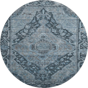 HomeRoots 8' Navy Blue and Gray Oriental Round Rug - Washable, UV Protected, Stain Resistant for Busy Homes! 700538