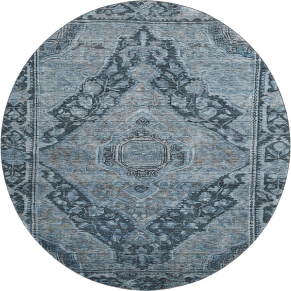 HomeRoots 8' Navy Blue and Gray Oriental Round Rug - Washable, UV Protected, Stain Resistant for Busy Homes! 700538