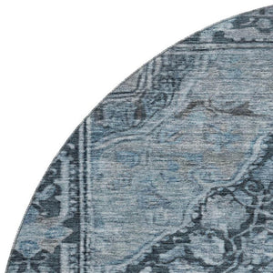 HomeRoots 8' Navy Blue and Gray Oriental Round Rug - Washable, UV Protected, Stain Resistant for Busy Homes! 700538