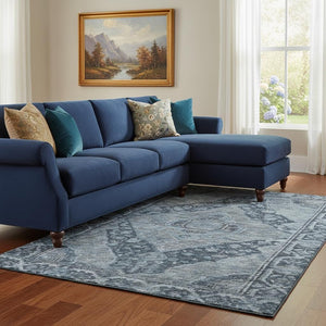 HomeRoots 8' X 10' Navy Blue & Gray Oriental Washable Area Rug - UV Protection, Stain Resistant & Durable Design 700539
