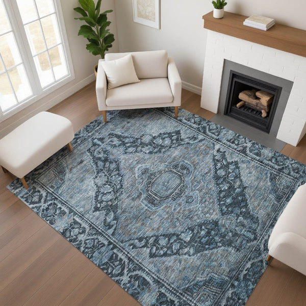 HomeRoots 9' Navy Blue and Gray Oriental Area Rug - Washable, UV Protected, Durable for High-Traffic Spaces 700540