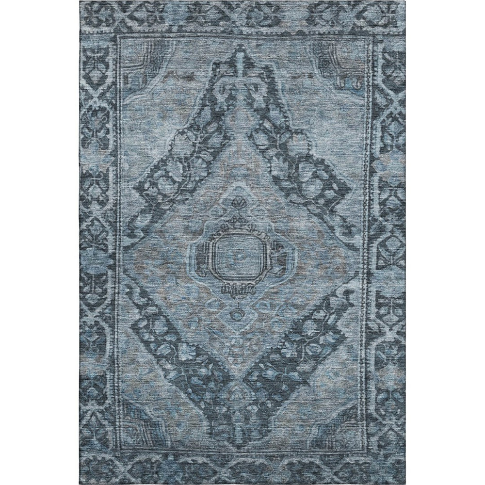 HomeRoots 9' Navy Blue and Gray Oriental Area Rug - Washable, UV Protected, Durable for High-Traffic Spaces 700540