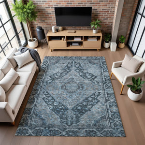 HomeRoots 9' Navy Blue and Gray Oriental Area Rug - Washable, UV Protected, Durable for High-Traffic Spaces 700540