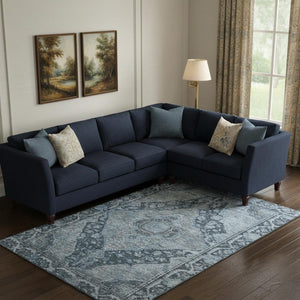 HomeRoots 10' Washable Navy Blue and Gray Oriental Area Rug with UV Protection – Perfect for Busy Homes! 700541