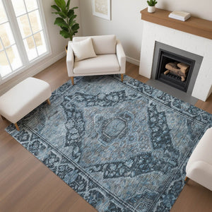 HomeRoots 10' Washable Navy Blue and Gray Oriental Area Rug with UV Protection – Perfect for Busy Homes! 700541