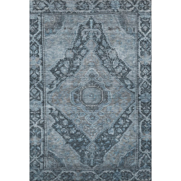 HomeRoots 10' Washable Navy Blue and Gray Oriental Area Rug with UV Protection – Perfect for Busy Homes! 700541
