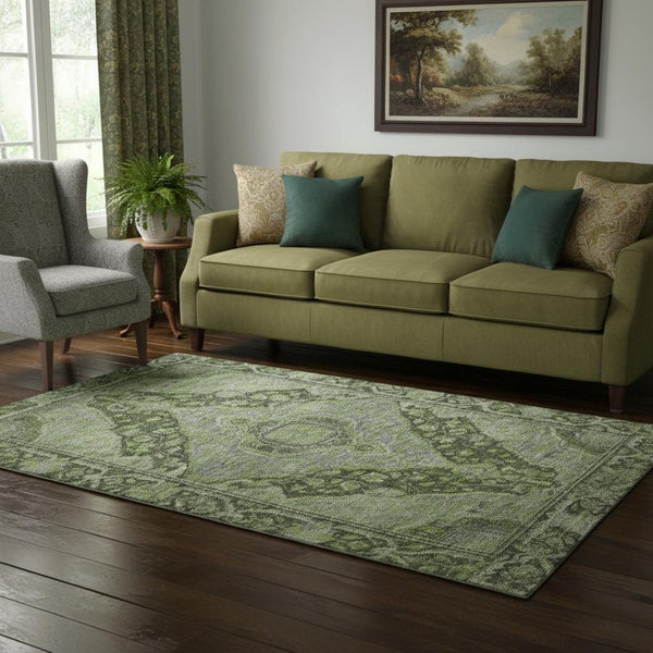 HomeRoots 5' X 8' Washable Olive Green & Gray Oriental Area Rug with UV Protection for Kids & Pets' Spaces 700543