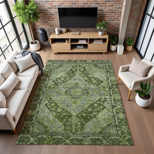 HomeRoots 5' X 8' Washable Olive Green & Gray Oriental Area Rug with UV Protection for Kids & Pets' Spaces 700543