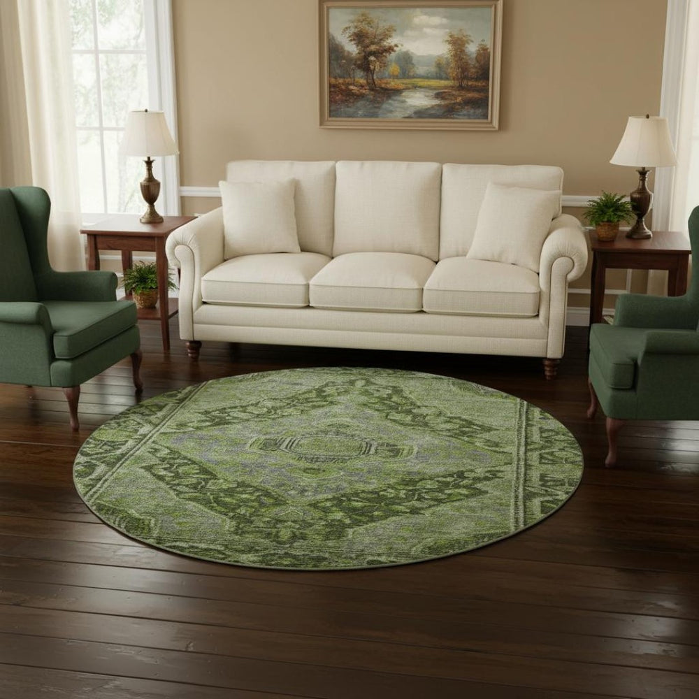 HomeRoots 8' Elegant Olive Green & Gray Round Rug - Washable, UV Protected, Stain-Resistant for Busy Homes 700544